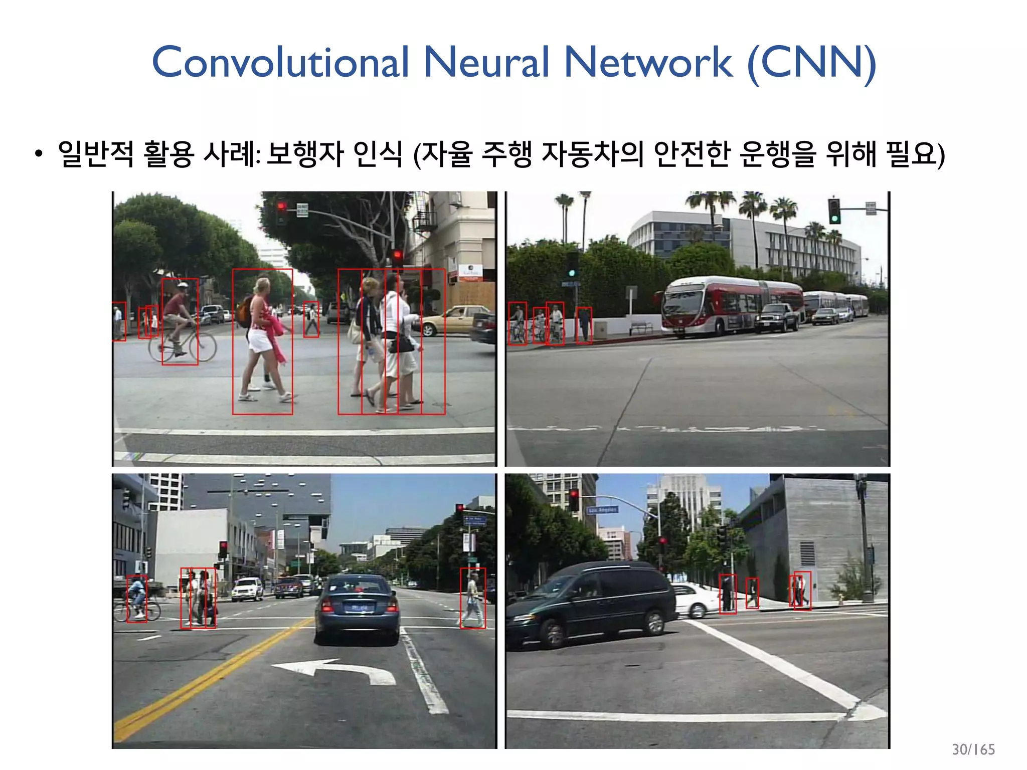 Convolutional Neural Network (CNN)
• 일반적 활용 사례: 보행자 인식 (자율 주행 자동차의 안전한 운행을 위해 필요)
30/165
 