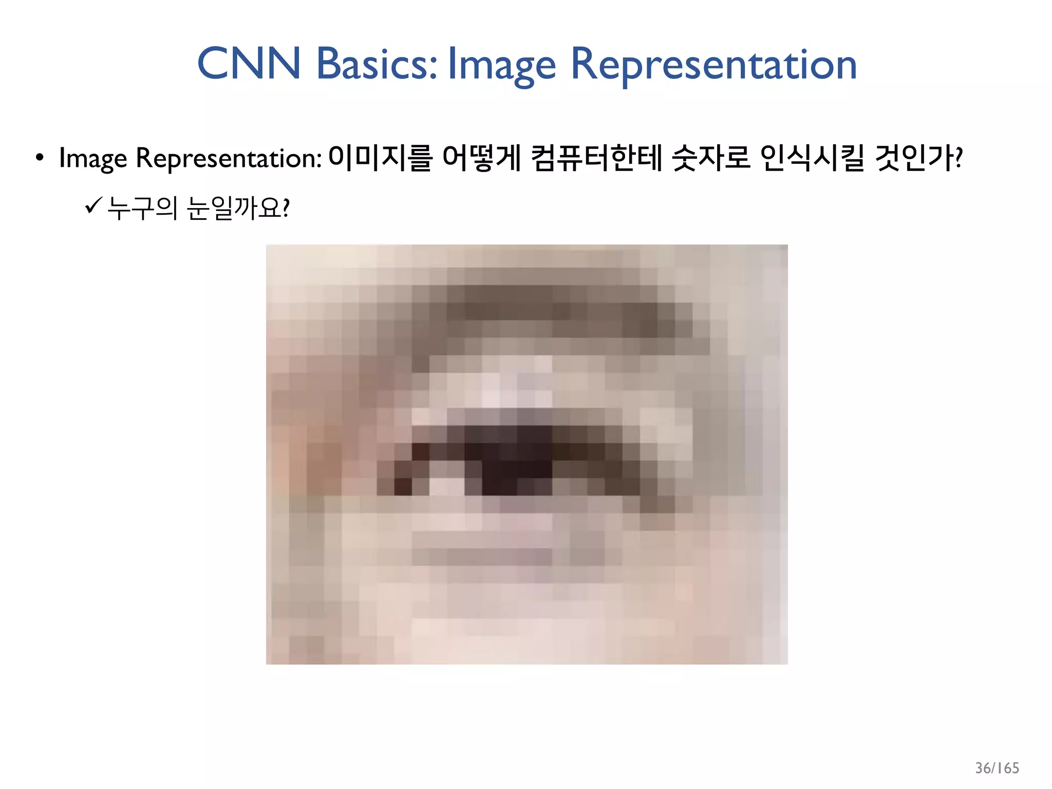 CNN Basics: Image Representation
• Image Representation: 이미지를 어떻게 컴퓨터한테 숫자로 인식시킬 것인가?
누구의 눈일까요?
36/165
 