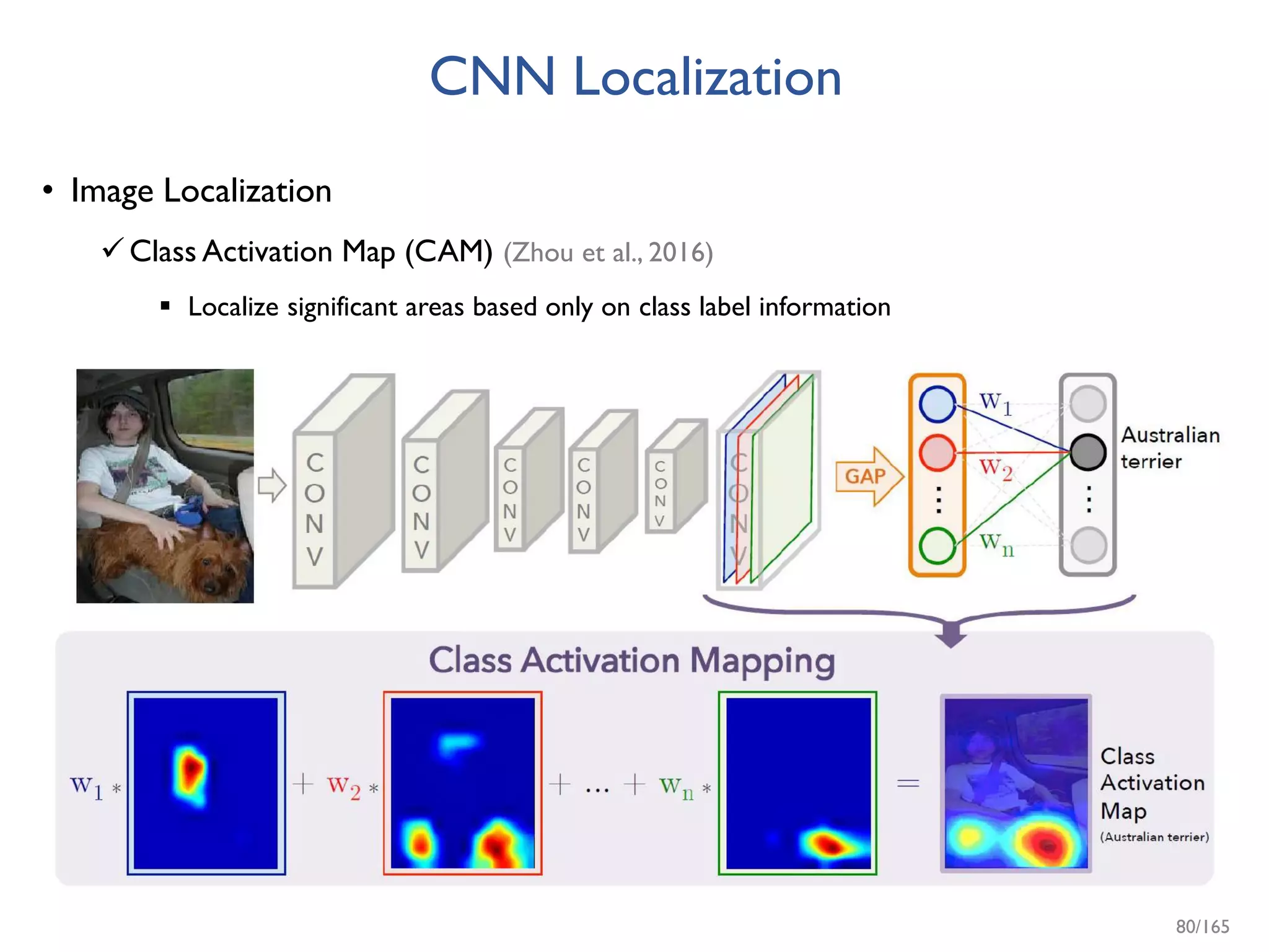 CNN Localization
• Image Localization
Class Activation Map (CAM) (Zhou et al., 2016)
 Localize significant areas based only on class label information
80/165
 