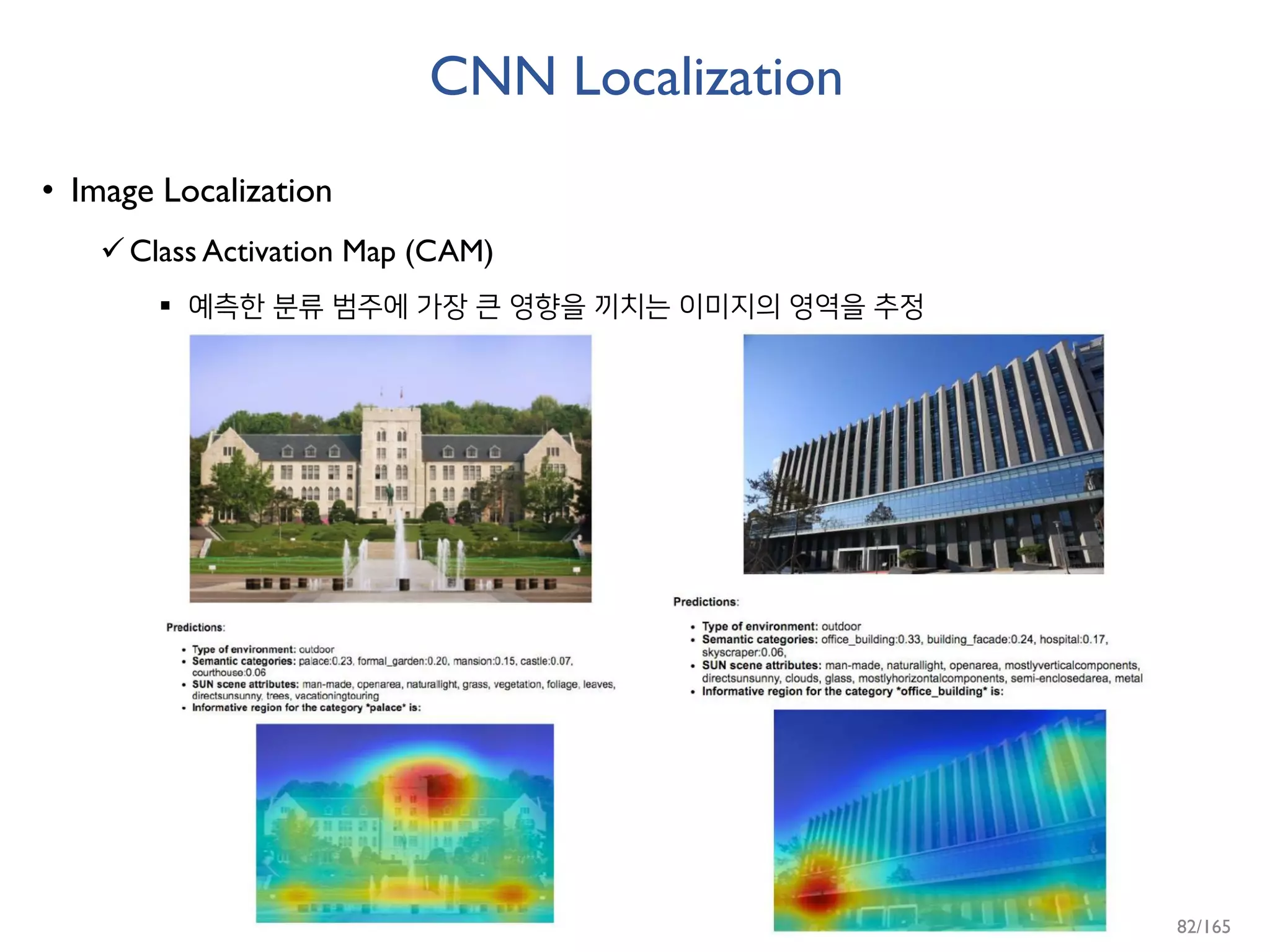 CNN Localization
• Image Localization
Class Activation Map (CAM)
 예측한 분류 범주에 가장 큰 영향을 끼치는 이미지의 영역을 추정
82/165
 
