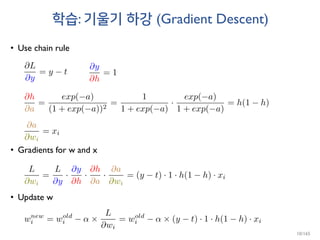 학습: 기울기 하강 (Gradient Descent)
• Use chain rule
• Gradients for w and x
• Update w
10/165
 