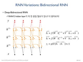 RNNVariations: Bidirectional RNN
• Deep-Bidirectional RNN
RNN의 hidden layer가 꼭 한 층일 필요가 있나? 더 쌓아보자!
http://cs224d.stanford.edu/lectures/CS224d-Lecture8.pdf 108/165
 