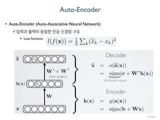 Auto-Encoder
• Auto-Encoder (Auto-Associative Neural Network)
입력과 출력이 동일한 인공 신경망 구조
 Loss function:
114/165
 