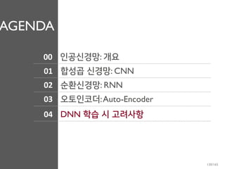 AGENDA
01
02
03
합성곱 신경망: CNN
순환신경망: RNN
오토인코더:Auto-Encoder
04 DNN 학습 시 고려사항
00 인공신경망: 개요
130/165
 