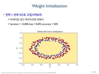 Weight Initialization
• 전략 1: 전부 0으로 고정시켜보자
아래처럼 생긴 데이터셋에 대해서
iteration = 15,000, loss = 0.693, accuracy = 50%
https://towardsdatascience.com/weight-initialization-techniques-in-neural-networks-26c649eb3b78 132/165
 