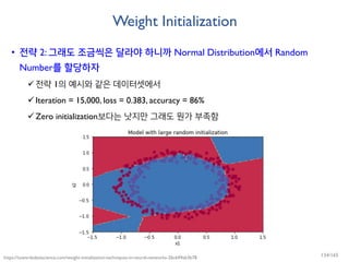 Weight Initialization
• 전략 2: 그래도 조금씩은 달라야 하니까 Normal Distribution에서 Random
Number를 할당하자
전략 1의 예시와 같은 데이터셋에서
Iteration = 15,000, loss = 0.383, accuracy = 86%
Zero initialization보다는 낫지만 그래도 뭔가 부족함
https://towardsdatascience.com/weight-initialization-techniques-in-neural-networks-26c649eb3b78 134/165
 