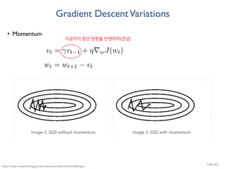 Gradient DescentVariations
• Momentum
지금까지 왔던 방향을 반영하자(관성)
http://ruder.io/optimizing-gradient-descent/index.html#challenges
143/165
 