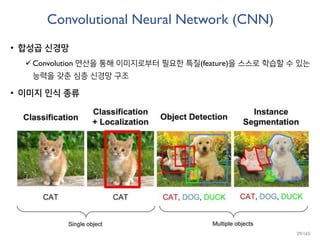Convolutional Neural Network (CNN)
• 합성곱 신경망
Convolution 연산을 통해 이미지로부터 필요한 특질(feature)을 스스로 학습할 수 있는
능력을 갖춘 심층 신경망 구조
• 이미지 인식 종류
29/165
 
