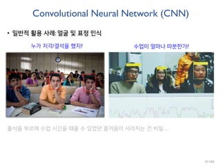 Convolutional Neural Network (CNN)
• 일반적 활용 사례: 얼굴 및 표정 인식
누가 지각/결석을 했지? 수업이 얼마나 따분한가?
출석을 부르며 수업 시간을 때울 수 있었던 즐거움이 사라지는 건 비밀…
31/165
 
