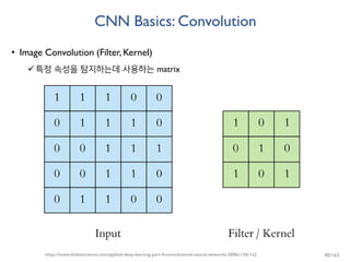 CNN Basics: Convolution
• Image Convolution (Filter, Kernel)
특정 속성을 탐지하는데 사용하는 matrix
https://towardsdatascience.com/applied-deep-learning-part-4-convolutional-neural-networks-584bc134c1e2 40/165
 
