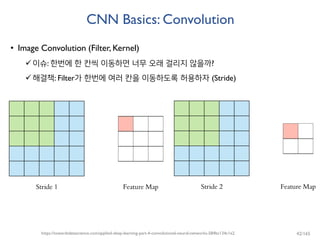 CNN Basics: Convolution
• Image Convolution (Filter, Kernel)
이슈: 한번에 한 칸씩 이동하면 너무 오래 걸리지 않을까?
해결책: Filter가 한번에 여러 칸을 이동하도록 허용하자 (Stride)
https://towardsdatascience.com/applied-deep-learning-part-4-convolutional-neural-networks-584bc134c1e2 42/165
 