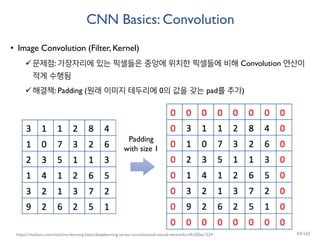 CNN Basics: Convolution
• Image Convolution (Filter, Kernel)
문제점: 가장자리에 있는 픽셀들은 중앙에 위치한 픽셀들에 비해 Convolution 연산이
적게 수행됨
해결책: Padding (원래 이미지 테두리에 0의 값을 갖는 pad를 추가)
Padding
with size 1
https://medium.com/machine-learning-bites/deeplearning-series-convolutional-neural-networks-a9c2f2ee1524 43/165
 