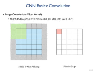 CNN Basics: Convolution
• Image Convolution (Filter, Kernel)
해결책: Padding (원래 이미지 테두리에 0의 값을 갖는 pad를 추가)
44/165
 