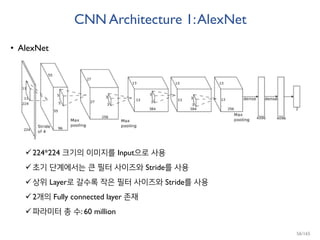 CNN Architecture 1:AlexNet
• AlexNet
224*224 크기의 이미지를 Input으로 사용
초기 단계에서는 큰 필터 사이즈와 Stride를 사용
상위 Layer로 갈수록 작은 필터 사이즈와 Stride를 사용
2개의 Fully connected layer 존재
파라미터 총 수: 60 million
56/165
 