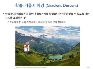 학습: 기울기 하강 (Gradient Descent)
• 학습: 현재 퍼셉트론이 얼마나 틀렸는지를 알았으니 좀 더 잘 맞출 수 있도록 가중
치 w를 조절하는 것
기울기 하강: 눈을 가린 채로 산에서 가장 낮은 곳을 찾아가기
http://cs231n.stanford.edu/slides/winter1516_lecture3.pdf 6/165
 