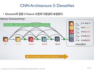 CNN Architecture 5: DenseNet
• Densenet의 장점 3: Feature 수준의 다양성이 보장된다
https://pdfs.semanticscholar.org/c3d9/26a85d85a83126f405ad40ff453611148c15.pdf 79/165
 