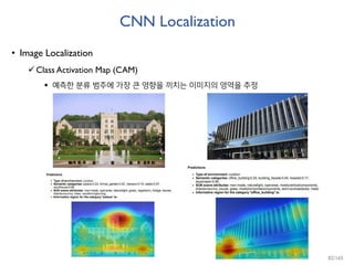 CNN Localization
• Image Localization
Class Activation Map (CAM)
 예측한 분류 범주에 가장 큰 영향을 끼치는 이미지의 영역을 추정
82/165
 