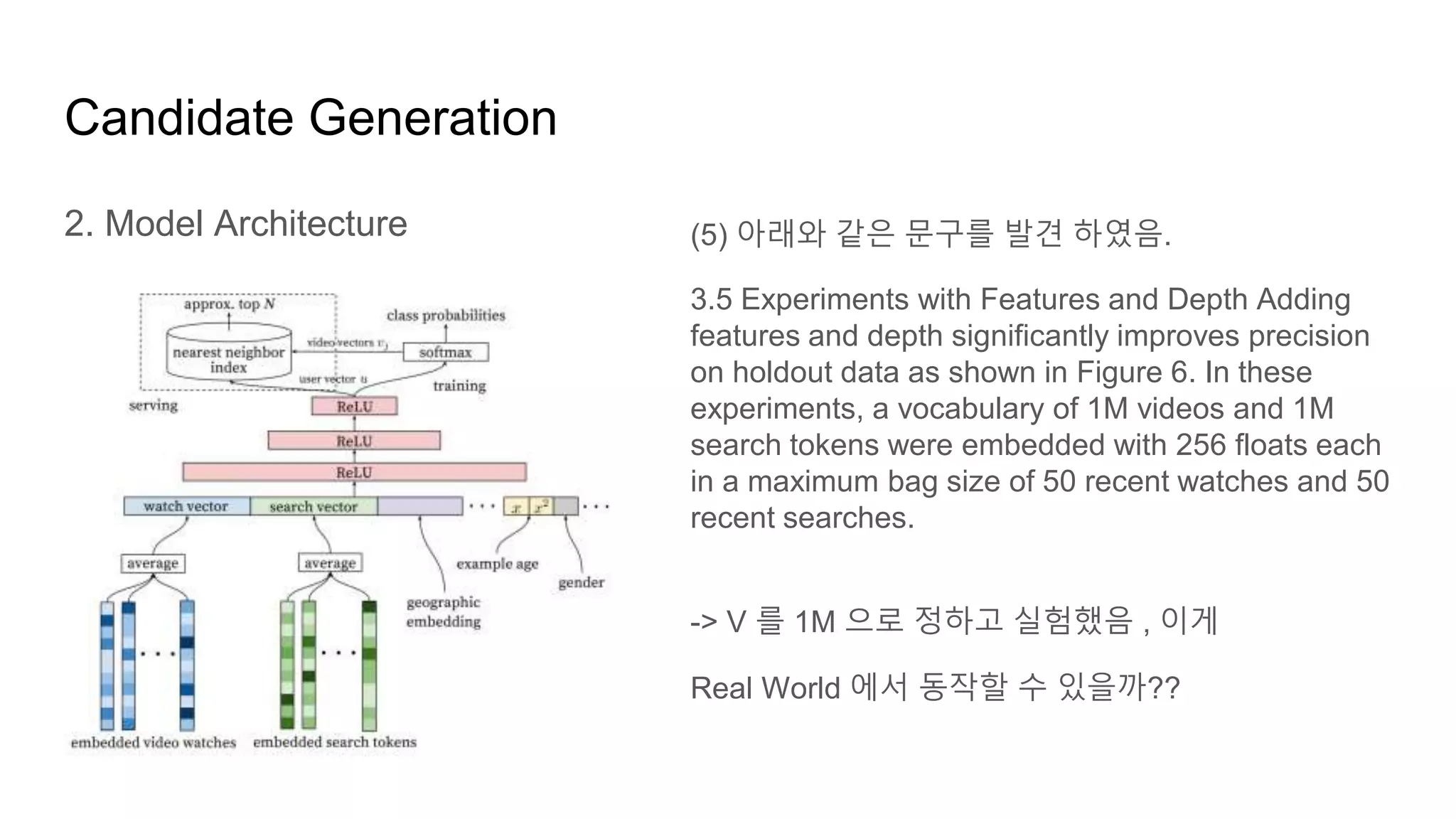 Candidate Generation
2. Model Architecture (5) 아래와 같은 문구를 발견 하였음.
3.5 Experiments with Features and Depth Adding
features and depth significantly improves precision
on holdout data as shown in Figure 6. In these
experiments, a vocabulary of 1M videos and 1M
search tokens were embedded with 256 floats each
in a maximum bag size of 50 recent watches and 50
recent searches.
-> V 를 1M 으로 정하고 실험했음 , 이게
Real World 에서 동작할 수 있을까??
 