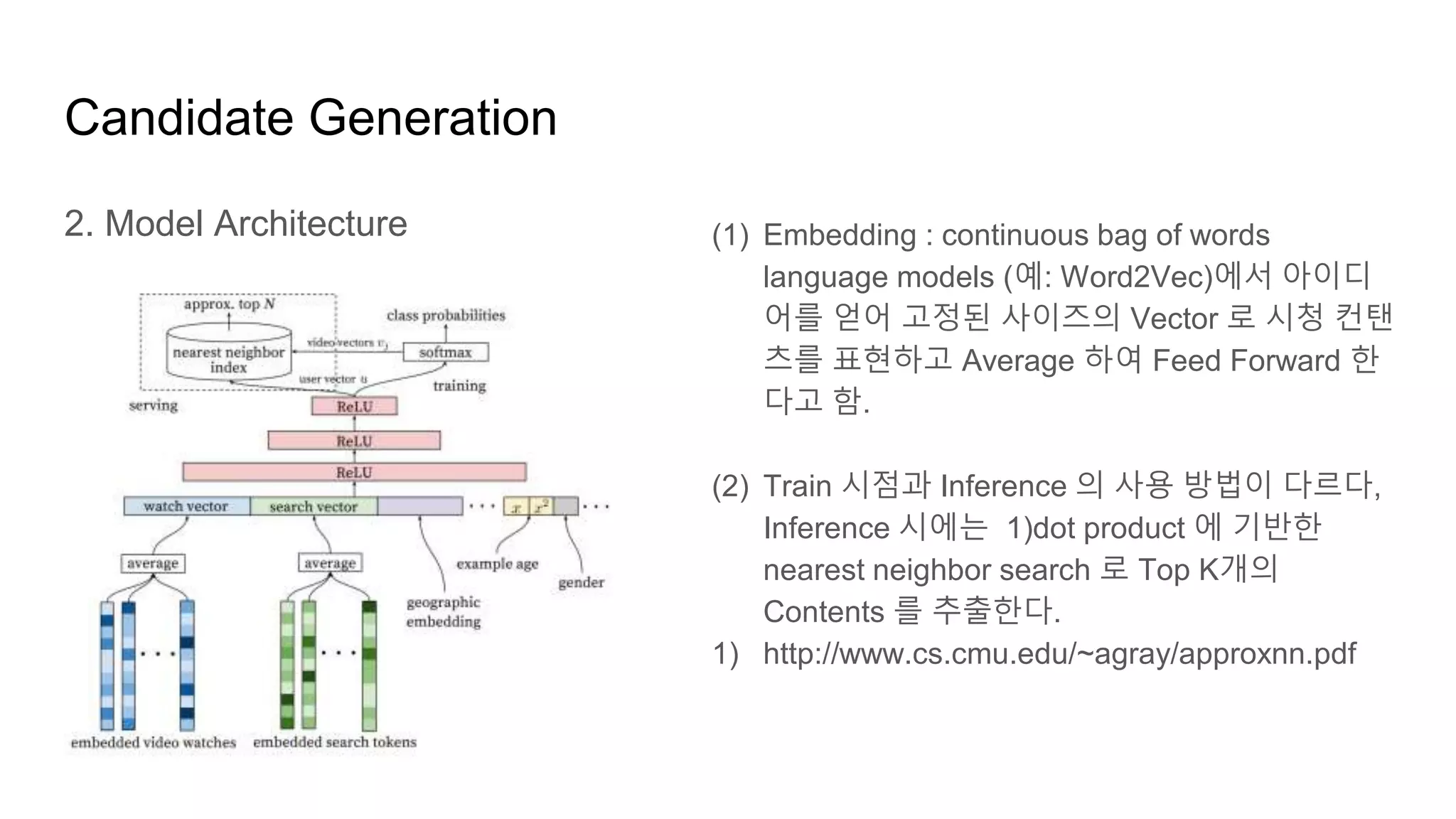 Candidate Generation
2. Model Architecture (1) Embedding : continuous bag of words
language models (예: Word2Vec)에서 아이디
어를 얻어 고정된 사이즈의 Vector 로 시청 컨탠
츠를 표현하고 Average 하여 Feed Forward 한
다고 함.
(2) Train 시점과 Inference 의 사용 방법이 다르다,
Inference 시에는 1)dot product 에 기반한
nearest neighbor search 로 Top K개의
Contents 를 추출한다.
1) http://www.cs.cmu.edu/~agray/approxnn.pdf
 