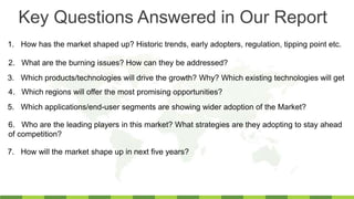 1. How has the market shaped up? Historic trends, early adopters, regulation, tipping point etc.
2. What are the burning issues? How can they be addressed?
3. Which products/technologies will drive the growth? Why? Which existing technologies will get
4. Which regions will offer the most promising opportunities?
6. Who are the leading players in this market? What strategies are they adopting to stay ahead
of competition?
7. How will the market shape up in next five years?
5. Which applications/end-user segments are showing wider adoption of the Market?
Key Questions Answered in Our Report
 