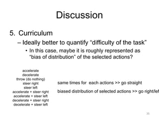 Discussion
5. Curriculum
– Ideally better to quantify “difficulty of the task”
• In this case, maybe it is roughly represented as
“bias of distribution” of the selected actions?
accelerate
decelerate
throw (do nothing)
steer right
steer left
accelerate + steer right
accelerate + steer left
decelerate + steer right
decelerate + steer left
same times for each actions >> go straight
biased distribution of selected actions >> go right/lef
35
 