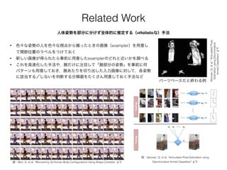 Related Work
• 色々な姿勢の人を色々な視点から撮ったときの画像（exampler）を用意し
て関節位置のラベルをつけておく
• 新しい画像が得られたら事前に用意したexamplerのどれと近いかを調べる
• これを高速化した手法や，腕だけに注目して「腕部分の姿勢」を事前に何
パターンも用意しておき，腕あたりを切り出した入力画像に対して，各姿勢
に該当する／しないを判断する分類器をたくさん用意しておく手法など
人体姿勢を部分に分けず全体的に推定する（=Holisticな）手法
図：Mori, G. et al. “Recovering 3d Human Body Conﬁgurations Using Shape Contexts” より
図：Gkioxari, G. et al. “Articulated Pose Estimation using
Discriminative Armlet Classiﬁers” より
パーツベースだと終わる例
Gkioxari,G.etal.“ArticulatedPose
EstimationusingDiscriminative
ArmletClassiﬁers”より
 
