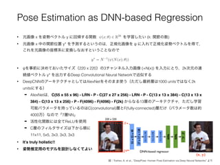Pose Estimation as DNN-based Regression
• 元画像 x を姿勢ベクトル y に回帰する関数        を学習したい (k: 関節の数)(x; ✓) 2 R2k
• 元画像 x 中の関節位置 y* を予測するというのは，正規化画像を ψ に入れて正規化姿勢ベクトルを得て，
これを元画像の座標系に変換しなおすということなので
y⇤
= N 1
( (N(x); ✓))
• ψを事前に決めておいたサイズ（220 x 220）の3チャンネル入力画像 (=N(x)) を入力にとり，2k次元の連
続値ベクトル y* を出力するDeep Convolutional Neural Networkで近似する
• DeepCNNのアーキテクチャとしてはAlexNetをそのまま使う（ただし最終層は1000 unitsではなく2k
unitsにする）
➡ AlexNetは，C(55 x 55 x 96) - LRN - P - C(27 x 27 x 256) - LRN - P - C(13 x 13 x 384) - C(13 x 13 x
384) - C(13 x 13 x 256) - P - F(4096) - F(4096) - F(2k) からなる13層のアーキテクチャ．ただし学習
可能パラメータを持っているのはC(convolutional)層とF(fully-connected)層だけ（パラメータ数は約
4000万）なので「7層NN」
➡ 活性化関数には全てReLUを使用
➡ C層のフィルタサイズは下から順に 
11x11, 5x5, 3x3, 3x3, 3x3
• It’s truly holistic!!
• 姿勢推定用のモデルを設計しなくてよい
図：Toshev, A. et al., “DeepPose: Human Pose Estimation via Deep Neural Networks” より
 