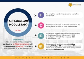 01
02
03
04
The templates provided may consist of two to five
Excel sheets.
Application
Module (AM)
Excel sheet
will be mailed to all the participants
containing unfilled templates with
corresponding write-up containing
the directions to fill the Templates.
It's an open book exam, so students can refer to the
existing excels or notes for filling the templates.
Students are marked based on the following criteria
a) Knowledge of Credit Risk concepts - 50%
b) Application of Credit Risk concepts - 30%
c) Presentation - 20%
Students should send their exams by 1st Day
(midnight 11.59pm IST) to exams@peaks2tails.com.
Failure to do so can lead to the exam being unmarked
leading to a failure status.
1st Day
w . w . w . p e a k s 2 t a i l s . c o m
 