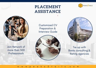 w . w . w . p e a k s 2 t a i l s . c o m
PLACEMENT
Customized CV
Preparation &
Interview Guide
Tie-up with
Banks consulting &
Rating agencies
Join Network of
more than 500
Professionals
ASSISTANCE
 