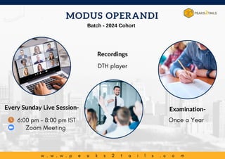 Batch - 2024 Cohort
MODUS OPERANDI
6:00 pm - 8:00 pm IST
Zoom Meeting
Every Sunday Live Session-
Once a Year
Examination-
DTH player
Recordings
w . w . w . p e a k s 2 t a i l s . c o m
 