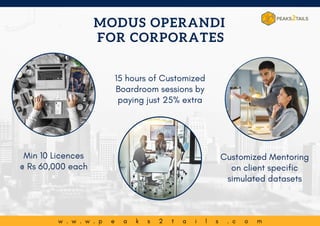 w . w . w . p e a k s 2 t a i l s . c o m
MODUS OPERANDI
15 hours of Customized
Boardroom sessions by
paying just 25% extra
Customized Mentoring
on client specific
simulated datasets
Min 10 Licences
@ Rs 60,000 each
FOR CORPORATES
 