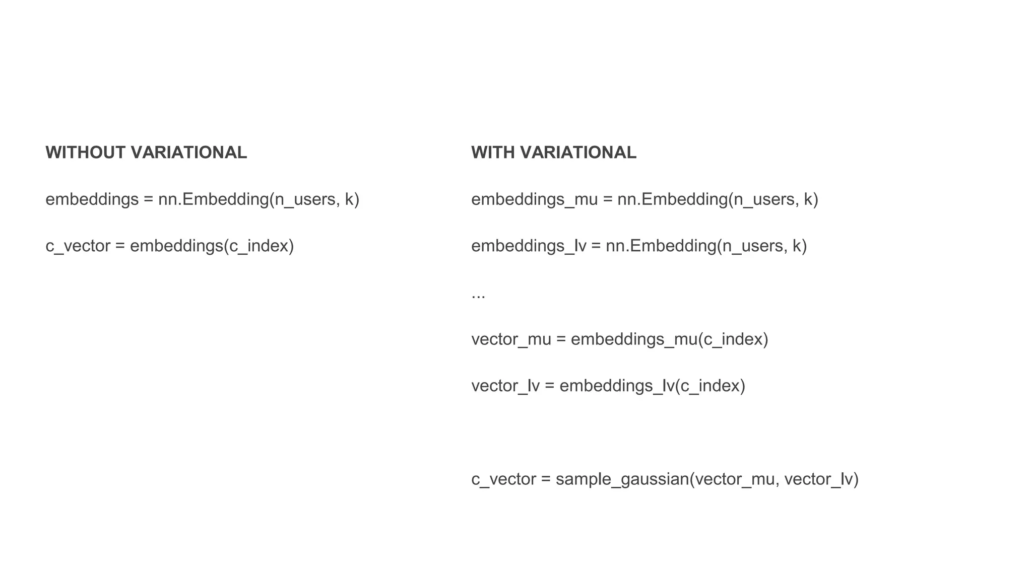 WITHOUT VARIATIONAL
embeddings = nn.Embedding(n_users, k)
c_vector = embeddings(c_index)
WITH VARIATIONAL
embeddings_mu = nn.Embedding(n_users, k)
embeddings_lv = nn.Embedding(n_users, k)
...
vector_mu = embeddings_mu(c_index)
vector_lv = embeddings_lv(c_index)
c_vector = sample_gaussian(vector_mu, vector_lv)
 