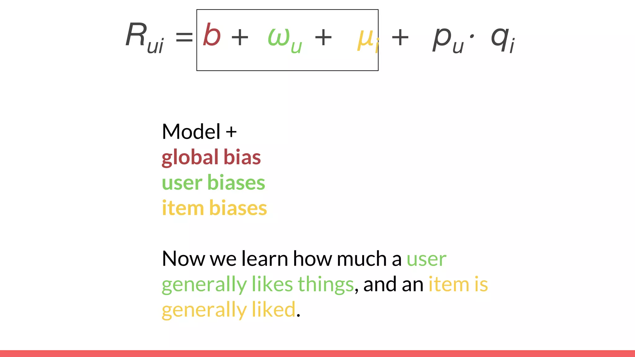 Model +
global bias
user biases
item biases
Now we learn how much a user
generally likes things, and an item is
generally liked.
Rui = b + ωu + μi + pu⋅ qi
 