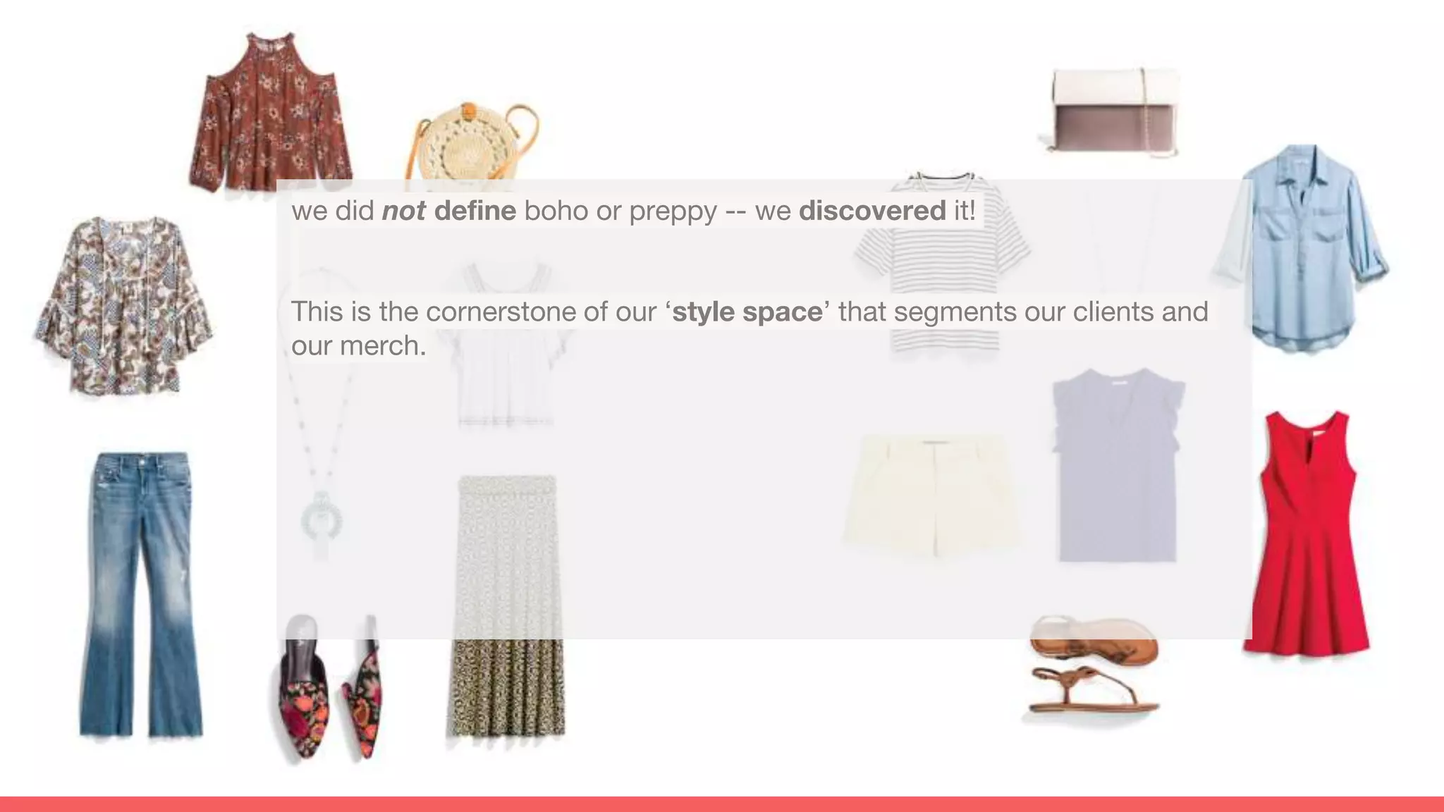 we did not define boho or preppy -- we discovered it!
This is the cornerstone of our ‘style space’ that segments our clients and
our merch.
 