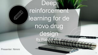 Deep
reinforcement
learning for de
novo drug
design
By Popova et al.
Presenter: Nimmi
1
 