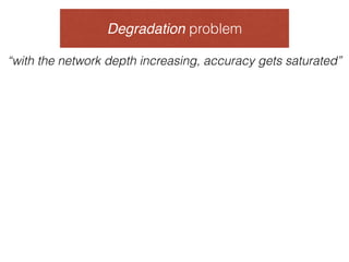 Degradation problem
“with the network depth increasing, accuracy gets saturated”
 