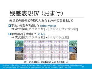 残差表現Ⅳ （おまけ）
先ほどの近似式を取り入れた BoVW の改良として
平均，分散を考慮した Fisher Vector
⇒ 次元数は[クラスタ数] × [平均と分散の次元数]
平均のみを考慮した VLAD
⇒ 次元数は[クラスタ数] × [平均の次元数]
13
図7. クラスタ数16，次元数16の VLAD の特徴量[10]
[10] Jegou, H., Perronnin, F., Douze, M., Sánchez, J., Perez, P., & Schmid, C. (2012). Aggregating local image descriptors
into compact codes. IEEE transactions on pattern analysis and machine intelligence, 34(9), 1704-1716.
 