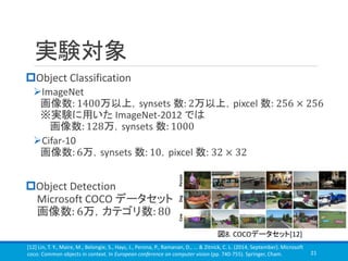 実験対象
Object Classification
➢ImageNet
画像数: 1400万以上，synsets 数: 2万以上，pixcel 数: 256 × 256
※実験に用いた ImageNet-2012 では
画像数: 128万，synsets 数: 1000
➢Cifar-10
画像数: 6万，synsets 数: 10，pixcel 数: 32 × 32
Object Detection
Microsoft COCO データセット
画像数: 6万，カテゴリ数: 80
21
図8. COCOデータセット[12]
[12] Lin, T. Y., Maire, M., Belongie, S., Hays, J., Perona, P., Ramanan, D., ... & Zitnick, C. L. (2014, September). Microsoft
coco: Common objects in context. In European conference on computer vision (pp. 740-755). Springer, Cham.
 