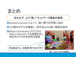 まとめ
Residual Learning によって，深い層での学習に成功
152層のモデルを構築し，他手法よりも高い精度を達成
Object Classification だけてなく
Object Detection でも効果を示し
他のタスクでの有効性も確認
32
劣化せず，より“深い”ネットワーク構造の実現
図12. COCO に対する結果[2]
沢山あるから，注意深く見てね!!だそう
 