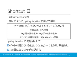 Shortcut Ⅱ
Highway network[7]
LSTM のように，gating function を用いて学習
𝒚 = 𝐻 𝐱, 𝐖 𝐇 ∙ 𝐺 𝐱, 𝐖 𝐆 + 𝐱 ∙ 1 − 𝐺 𝐱, 𝐖 𝐆
𝒚:出力層，𝐱:入力層
𝐖 𝐇:隠れ層の重み，𝐖 𝐆:ゲート層の重み
𝐻 𝐱, 𝐖 :非線形関数， 𝐺 𝐱, 𝐖 :ゲート関数
gating function の問題点として
ゲートが閉じているとき，𝐺 𝐱, 𝐖 𝐆 = 0 となり，残差なし
100層以上ではモデルが劣化
9
[7] Srivastava, R. K., Greff, K., & Schmidhuber, J. (2015). Highway networks. arXiv preprint arXiv:1505.00387.
 