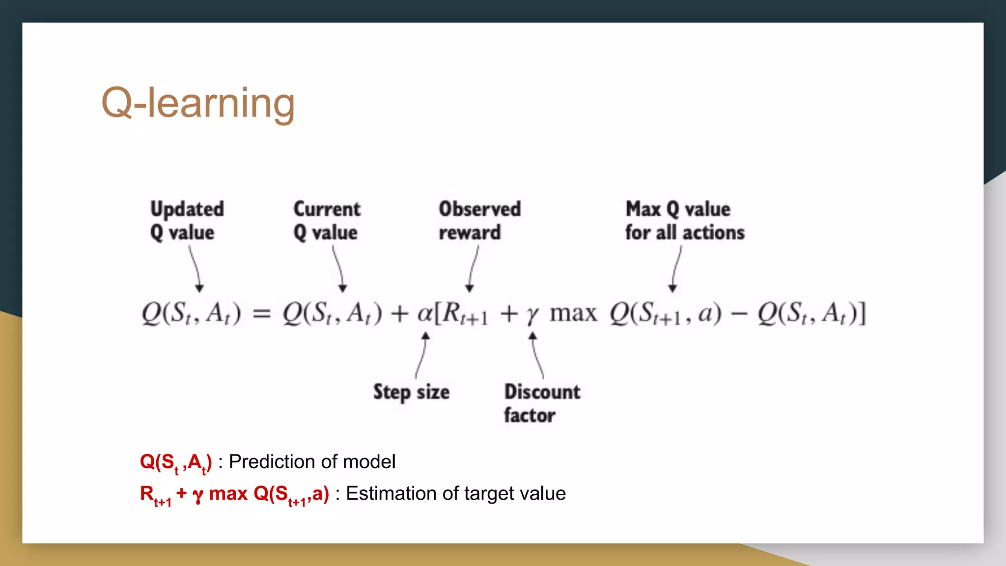 Q-learning
Q(St
,At
) : Prediction of model
Rt+1
+ 𝛄 max Q(St+1
,a) : Estimation of target value
 