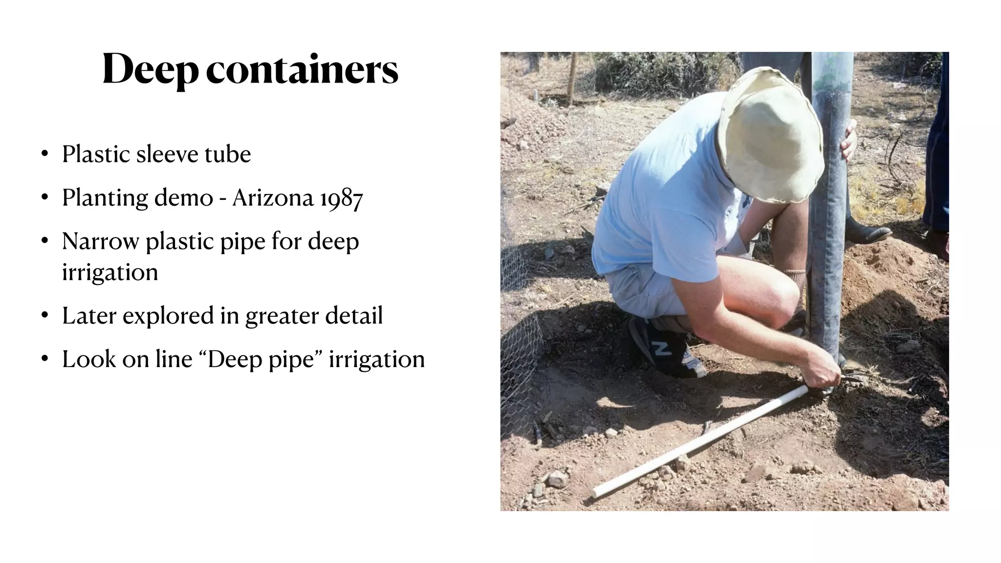 Deepcontainers
• Plastic sleeve tube
• Planting demo - Arizona 1987
• Narrow plastic pipe for deep
irrigation
• Later explored in greater detail
• Look on line “Deep pipe” irrigation
 