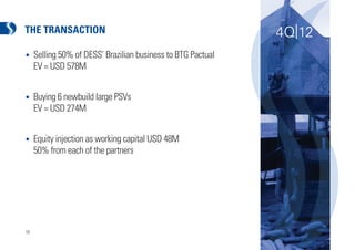 THE TRANSACTION                                               4Q|12
•    Selling 50% of DESS’ Brazilian business to BTG Pactual
     EV = USD 578M


•    Buying 6 newbuild large PSVs
     EV = USD 274M


•    Equity injection as working capital USD 48M
     50% from each of the partners




18
 