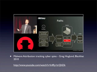 •

Malware Attribution: tracking cyber spies - Greg Hoglund, Blackhat
2010
http://www.youtube.com/watch?v=k4Ry1trQhDk

 