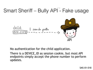 Smart Sheriff – Bully API - Fake usage
SMS-01-018
API
No authentication for the child application.
There is a DEVICE_ID as...