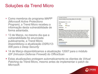 Soluções da Trend Micro

• Como membros do programa MAPP
  (Microsoft Active Protections
  Program), a Trend Micro recebeu a
  informação desta vulnerabilidade de
  forma adiantada.
• 13 de Março, no mesmo dia que a
  vulnerabilidade foi anunciada
  publicamente, a Trend Micro
  disponibilizou a atualização DSRU12-
  006 para o Deep Security
 14 de Março disponibilizamos a atualização 12007 para o módulo
  IDF (Intrusion Defense Firewall) do OfficeScan
 Estas atualizações protegem automaticamente os clientes de Virtual
  Patching da Trend Micro, mesmo antes de implementar o patch da
  Microsoft.
 