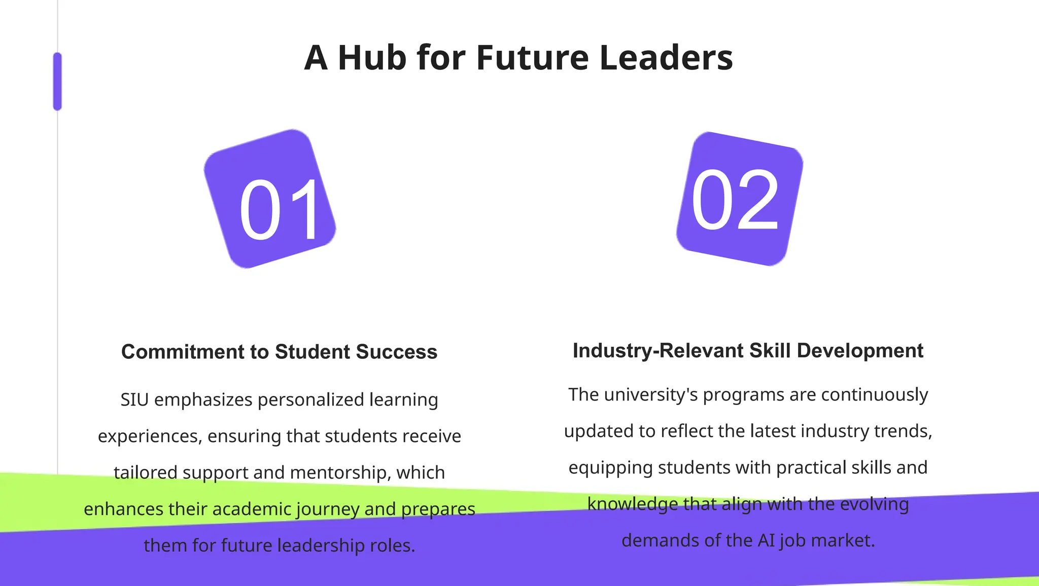 SIU emphasizes personalized learning
experiences, ensuring that students receive
tailored support and mentorship, which
enhances their academic journey and prepares
them for future leadership roles.
Commitment to Student Success
The university's programs are continuously
updated to reflect the latest industry trends,
equipping students with practical skills and
knowledge that align with the evolving
demands of the AI job market.
01 02
Industry-Relevant Skill Development
A Hub for Future Leaders
 