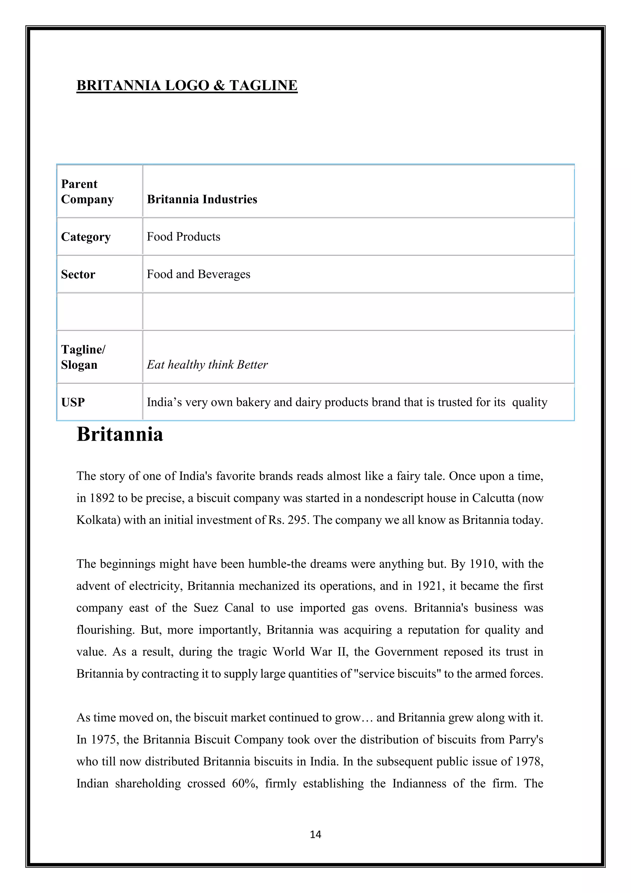 14
BRITANNIA LOGO & TAGLINE
Britannia
The story of one of India's favorite brands reads almost like a fairy tale. Once upon a time,
in 1892 to be precise, a biscuit company was started in a nondescript house in Calcutta (now
Kolkata) with an initial investment of Rs. 295. The company we all know as Britannia today.
The beginnings might have been humble-the dreams were anything but. By 1910, with the
advent of electricity, Britannia mechanized its operations, and in 1921, it became the first
company east of the Suez Canal to use imported gas ovens. Britannia's business was
flourishing. But, more importantly, Britannia was acquiring a reputation for quality and
value. As a result, during the tragic World War II, the Government reposed its trust in
Britannia by contracting it to supply large quantities of "service biscuits" to the armed forces.
As time moved on, the biscuit market continued to grow… and Britannia grew along with it.
In 1975, the Britannia Biscuit Company took over the distribution of biscuits from Parry's
who till now distributed Britannia biscuits in India. In the subsequent public issue of 1978,
Indian shareholding crossed 60%, firmly establishing the Indianness of the firm. The
Parent
Company Britannia Industries
Category Food Products
Sector Food and Beverages
Tagline/
Slogan Eat healthy think Better
USP India’s very own bakery and dairy products brand that is trusted for its quality
 