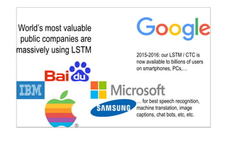 World’s most valuable
public companies are
massively using LSTM
… for best speech recognition,
machine translation, image
captions, chat bots, etc, etc.
2015-2016: our LSTM / CTC is
now available to billions of users
on smartphones, PCs,…
 