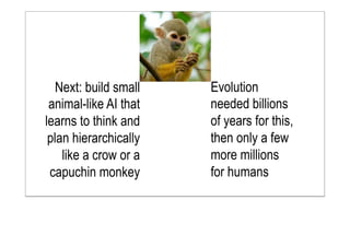 Next: build small
animal-like AI that
learns to think and
plan hierarchically
like a crow or a
capuchin monkey
Evolution
needed billions
of years for this,
then only a few
more millions
for humans
 